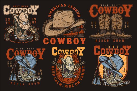 Download Cowboy Vintage Handdrawn Logo Design Set - Vintage Collection