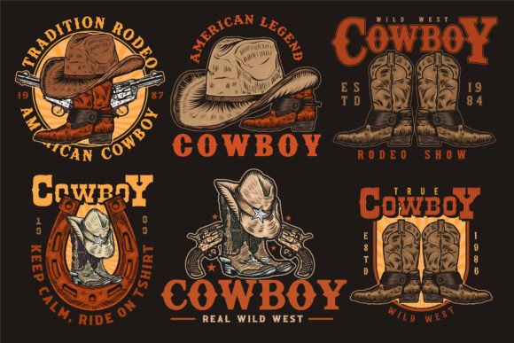 Download Cowboy Vintage Handdrawn Logo Design Set - Vintage Collection