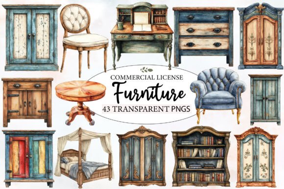 Download Vintage Furniture Watercolor Clipart - Vintage Collection